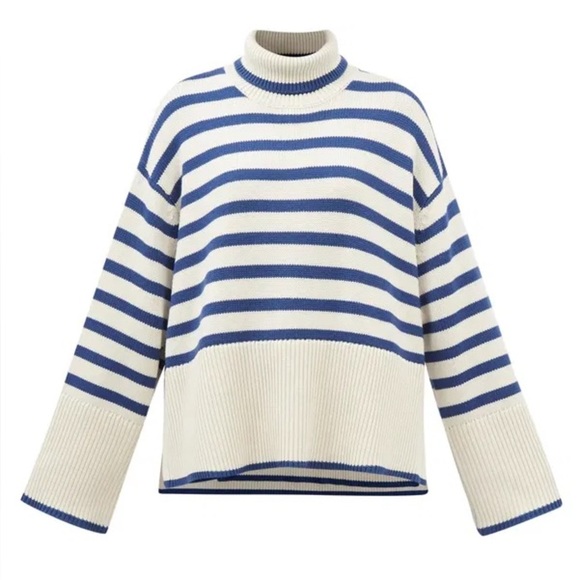 Toteme Signature Stripe Turtleneck Wool Cotton Oversized Knit Sweater Top Blue - Picture 11 of 12
